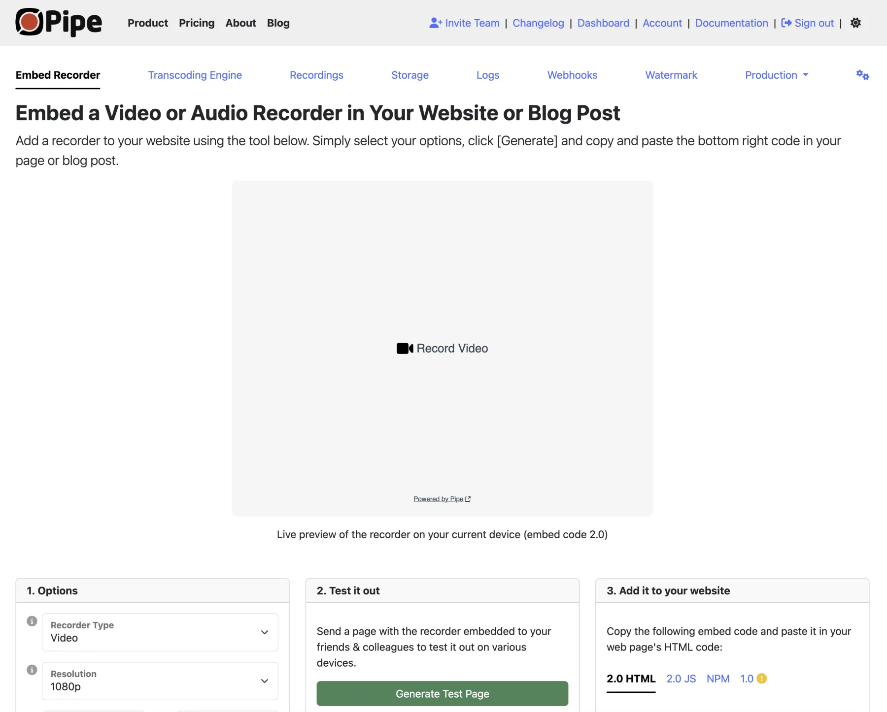 The Embed Recorder page of the AddPipe dashboard, with a live recorder preview and embed code options