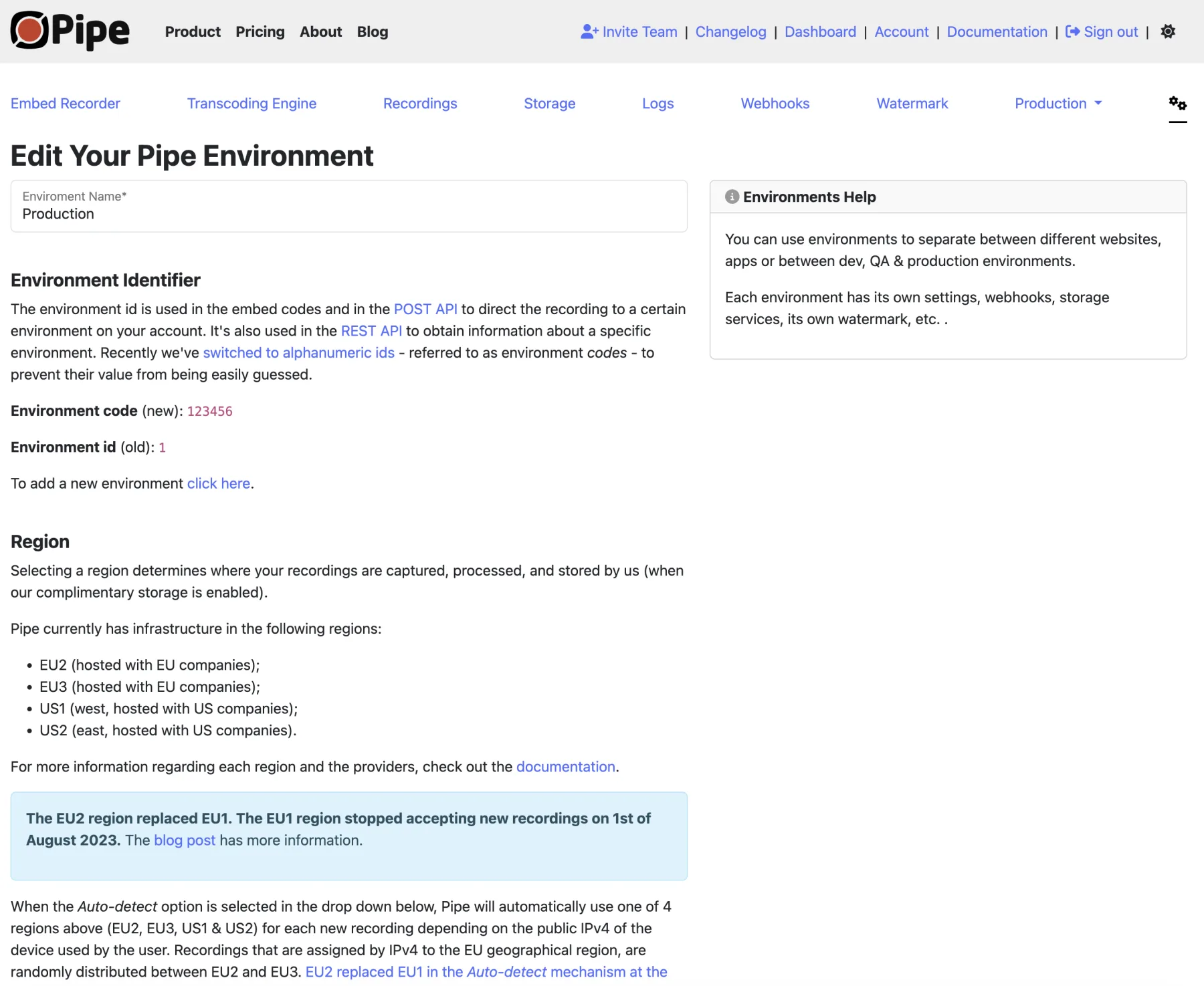 The environment settings page, with the environment code and region