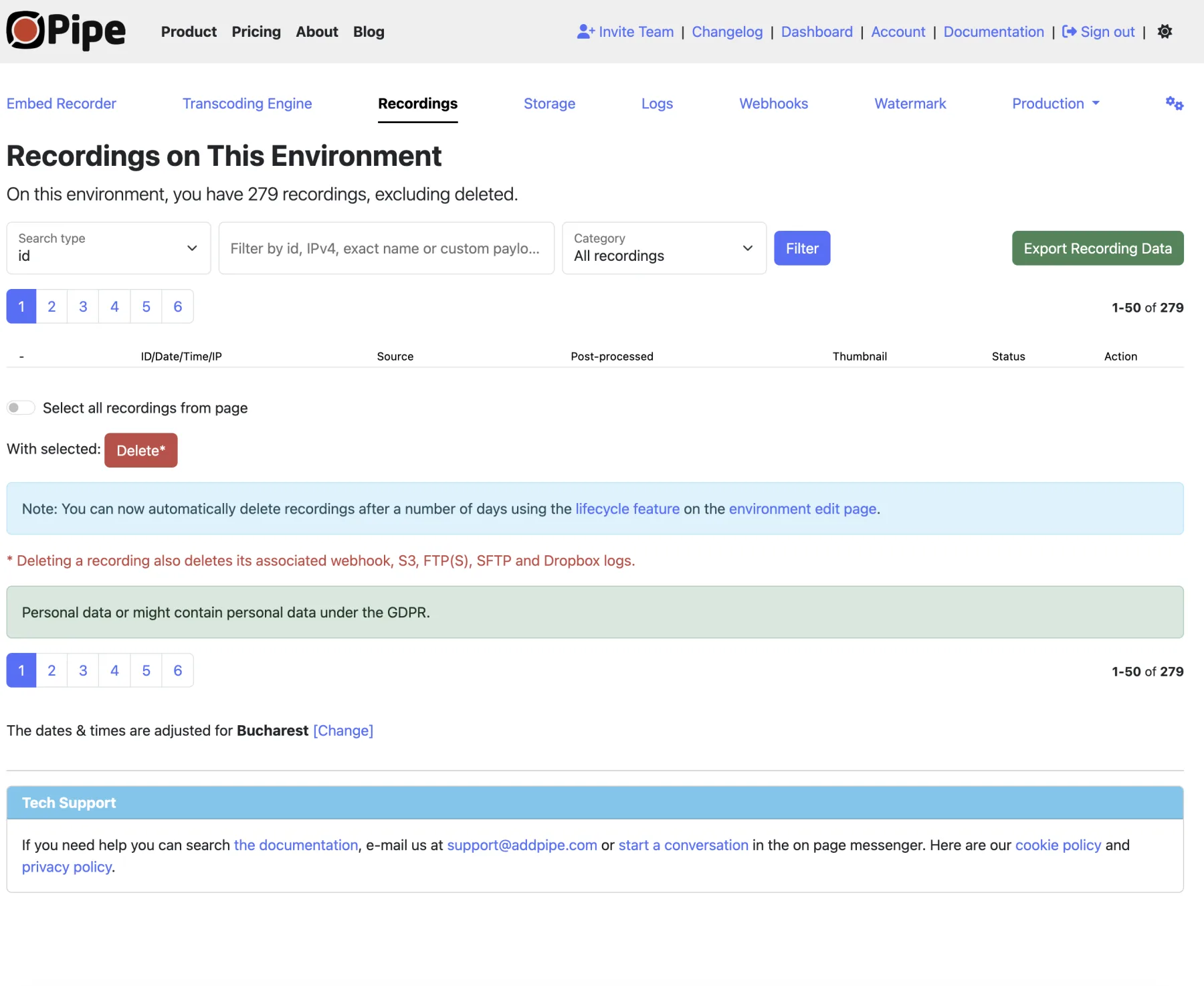 The Recordings page, with search, filters and recording data export
