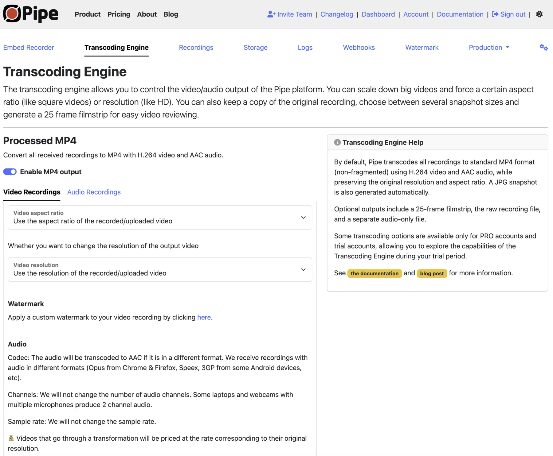 The Transcoding Engine page, with MP4 output, aspect ratio and resolution settings