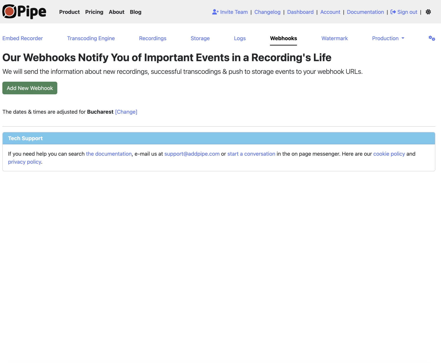 The Webhooks page, for adding webhook URLs