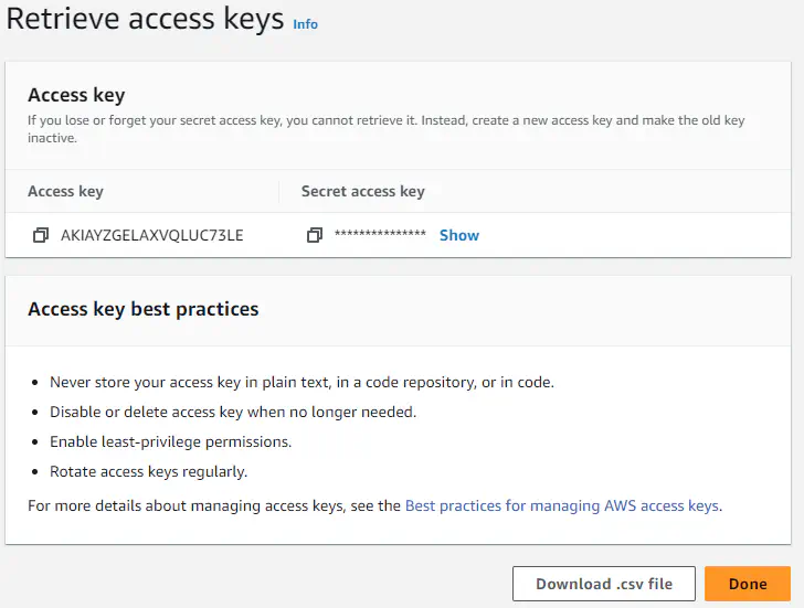 AWS IAM access key created dialog box