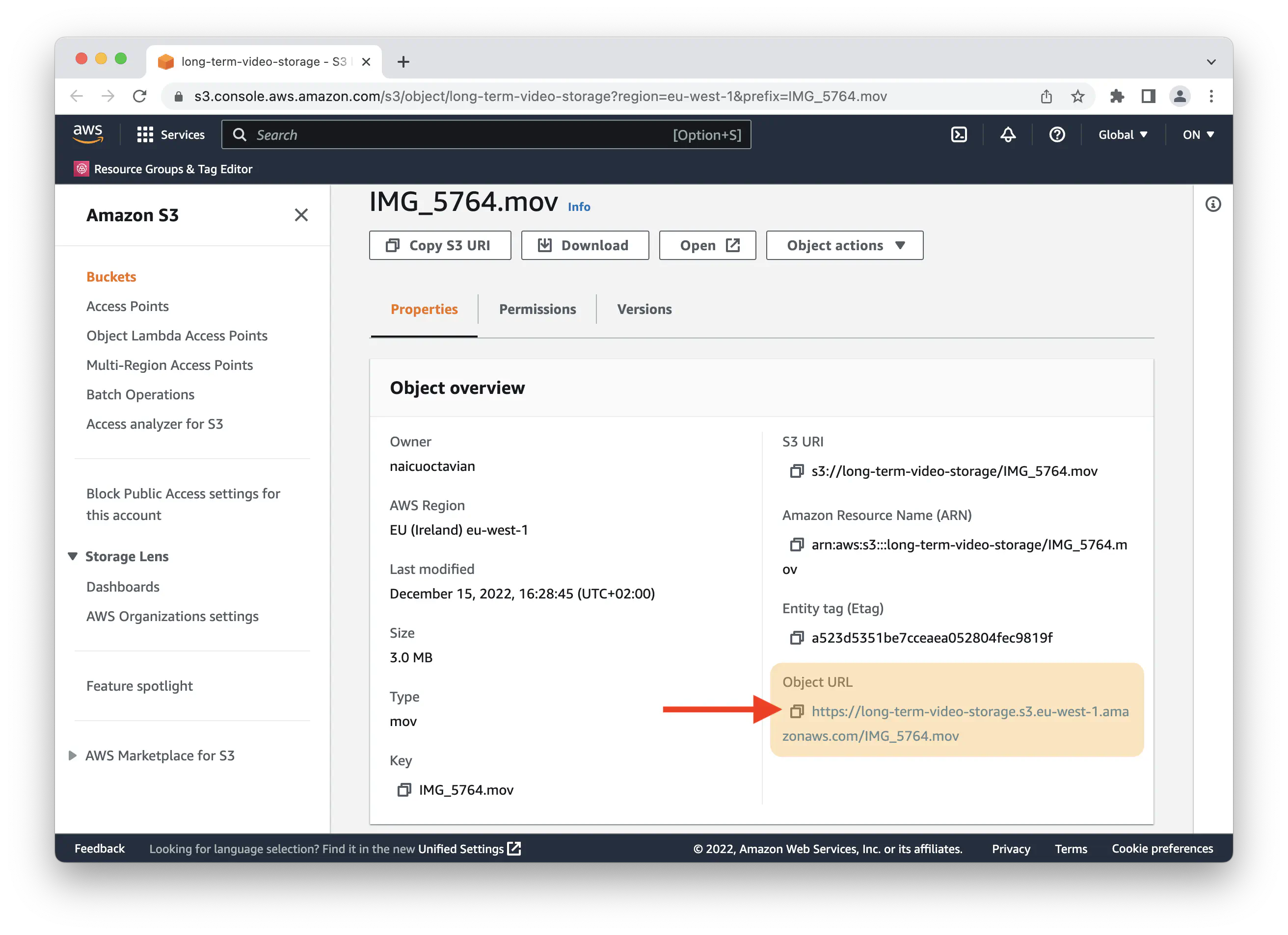 Amazon S3 Management Console showing the https Object URL for a file in the bucket