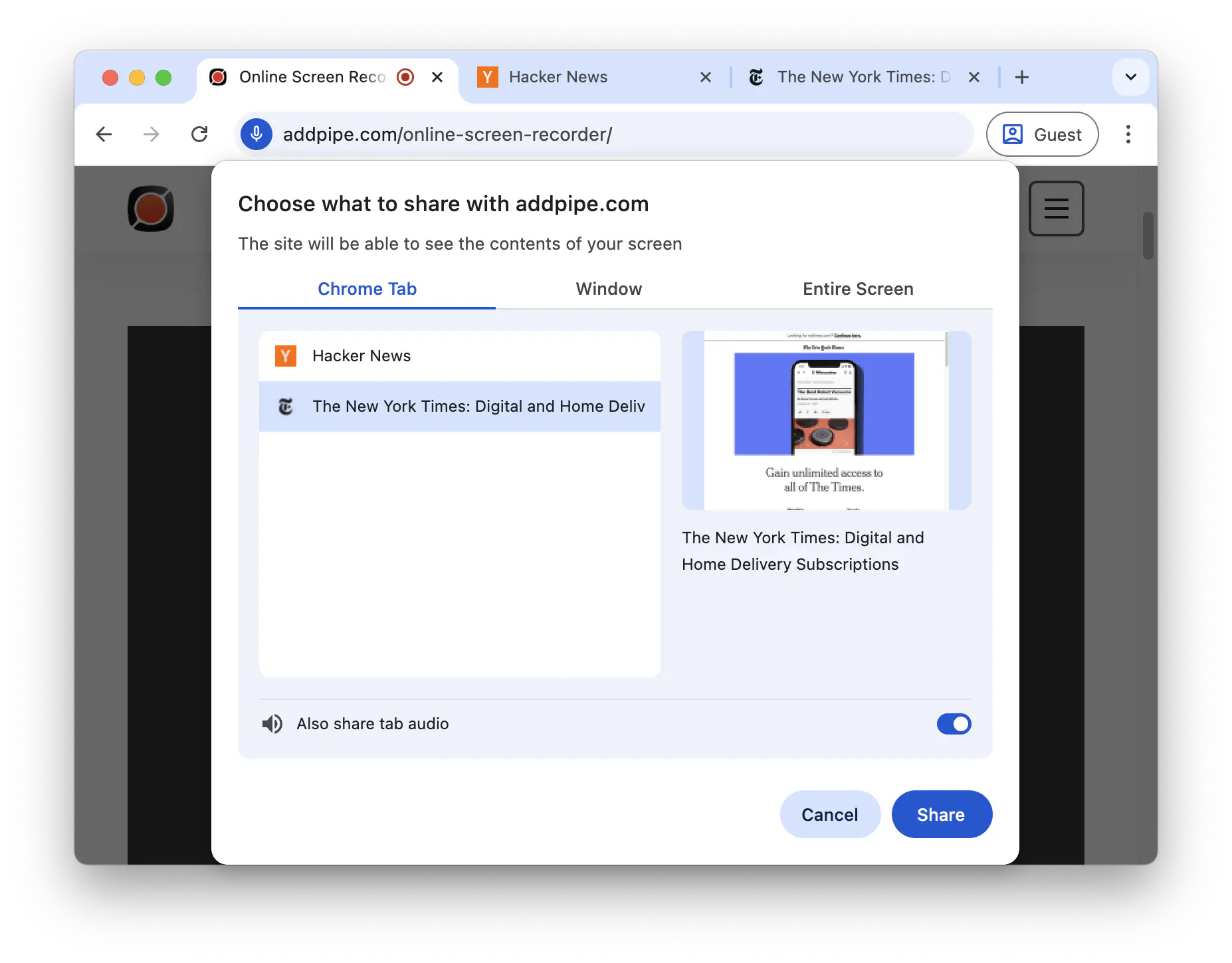 The screen sharing surface picker dialog in Chrome with tab, window and entire screen options