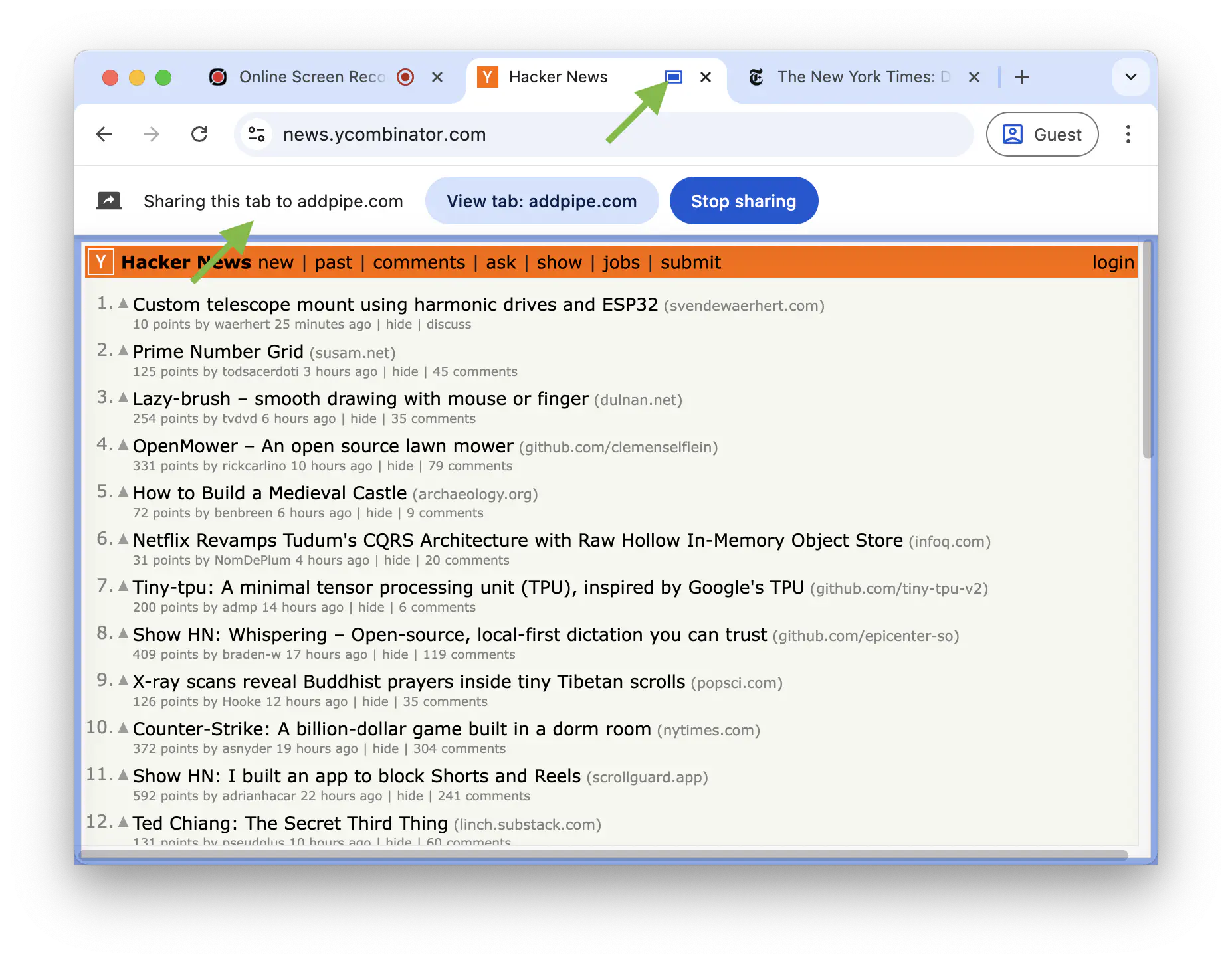 The screen share tab icon in Chrome tab, and the &ldquo;stop sharing&rdquo; button displayed