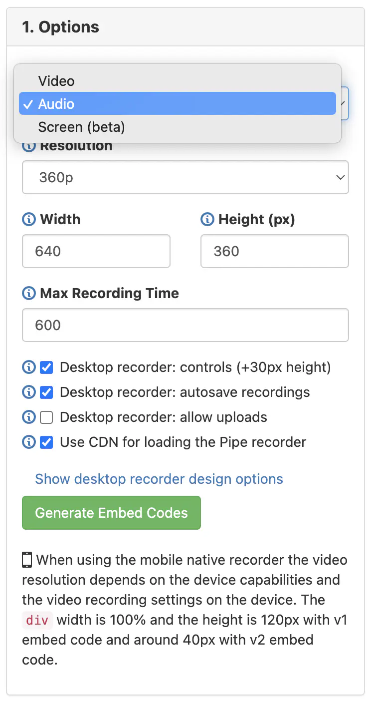 Setting to record audio only in the options menu