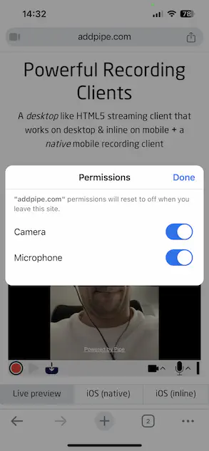 Revoking camera and microphone permissions on Chrome on iOS.PNG