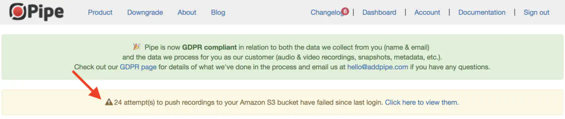 unsuccesfull push to storage attempts shown in the Pipe account area.png