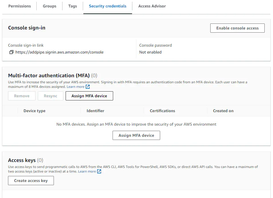 AWS IAM access key create panel