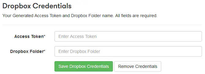Input fields for Dropbox credentials on Pipe account dashboard