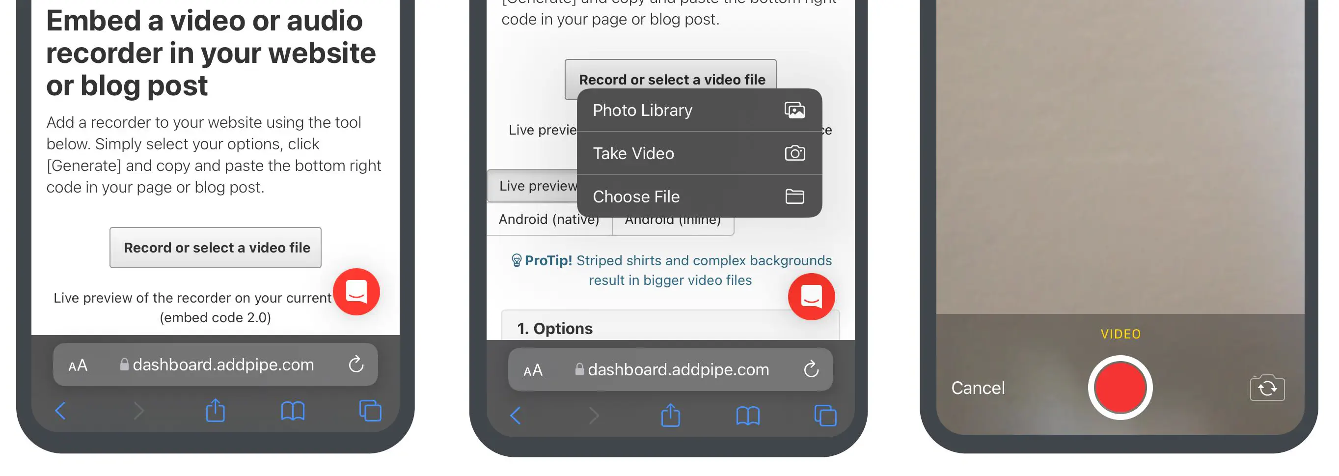 Mobile preview of pipe 1.0 embedded code on Safari on iOS