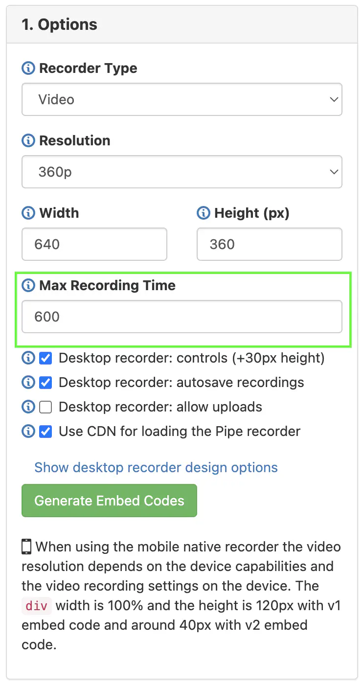 Setting the max recording time in the options menu