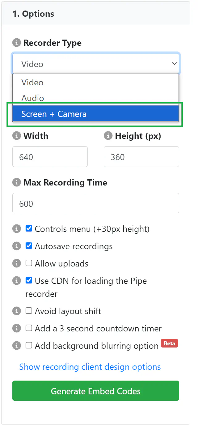 Enable screen + camera recording in the options menu
