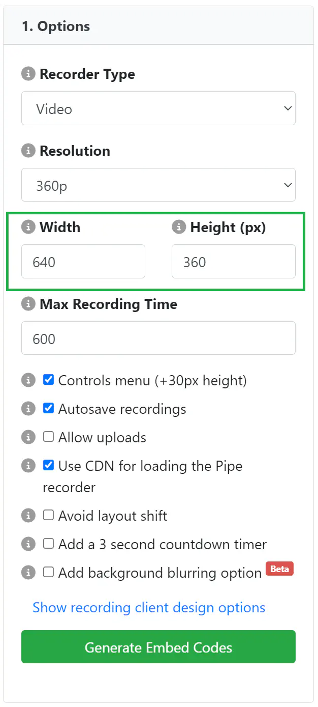 Embedded recorder menu where you can select the recorder size