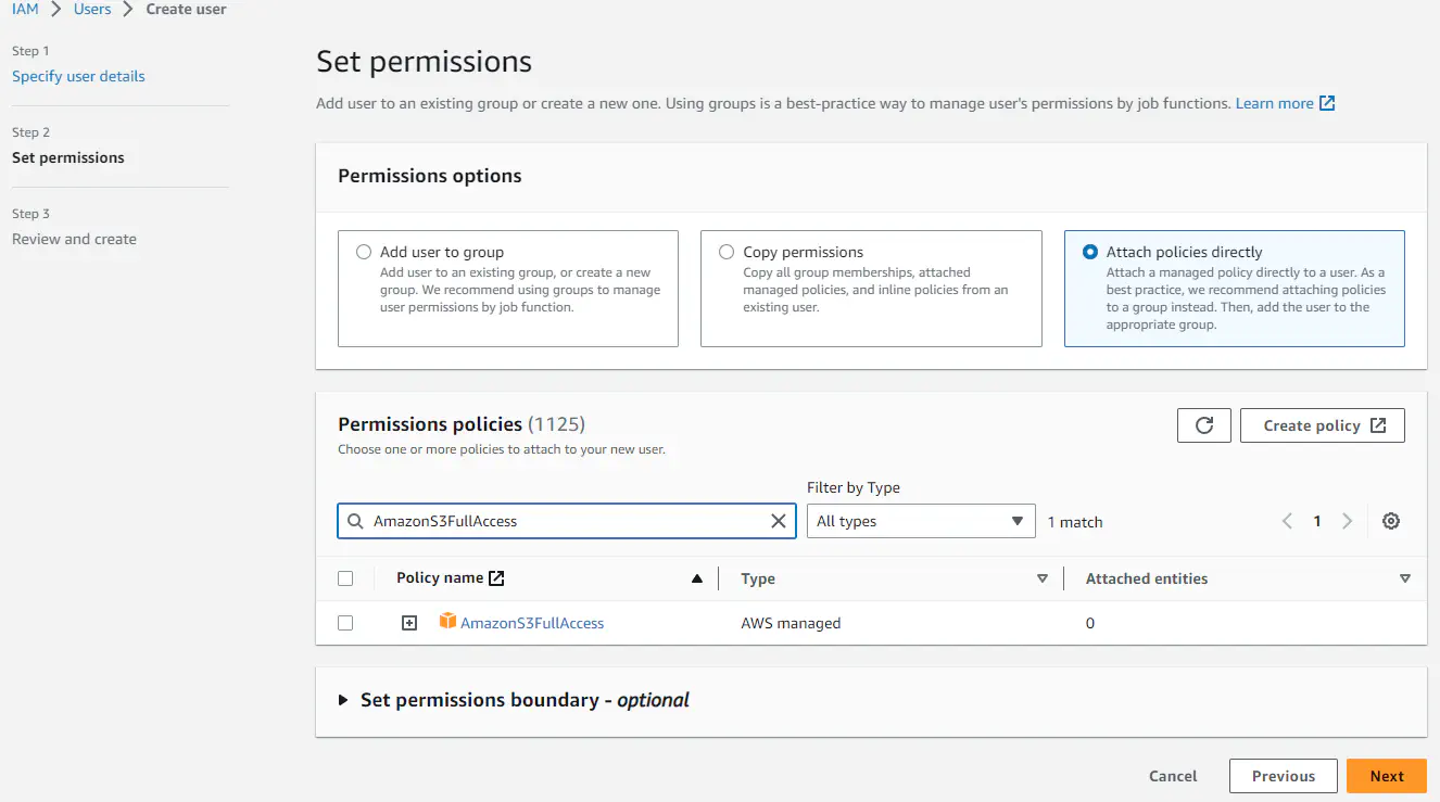 Setting Programmatic access and an AmazonS3FullAccess policy