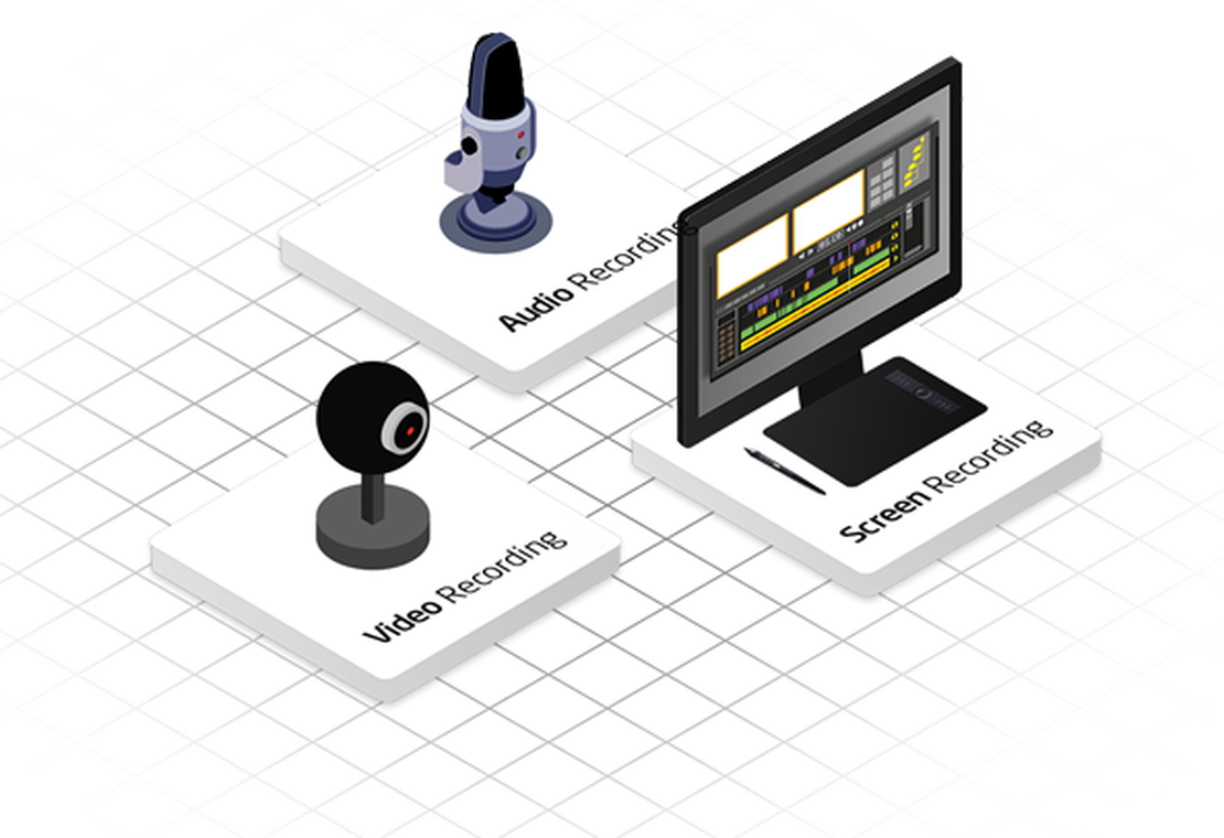 an illustration of a monitor displaying a screen recording interface with the text Screen Recording at the bottom, a webcam with the text Video Recording at the bottom, and a microphone with the text Audio Recording at the bottom