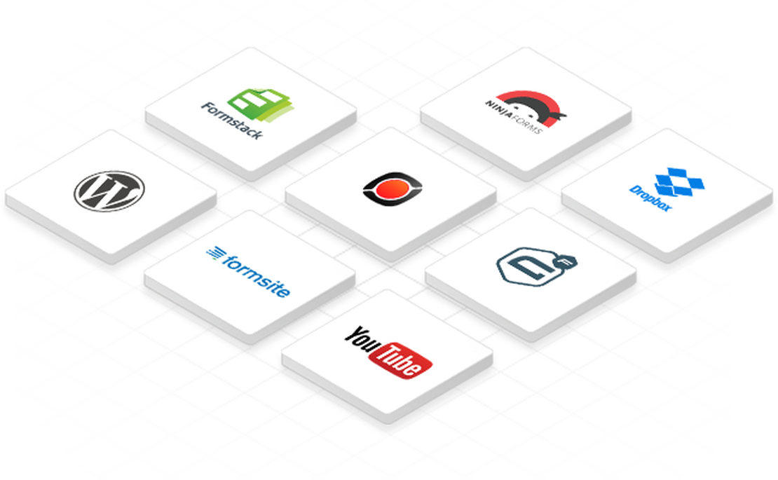 an illustration showing the logos of other software that Pipe can integrate with: Formstack, Ninja Forms, Dropbox, WordPress, Formsite, Gravity Forms & YouTube