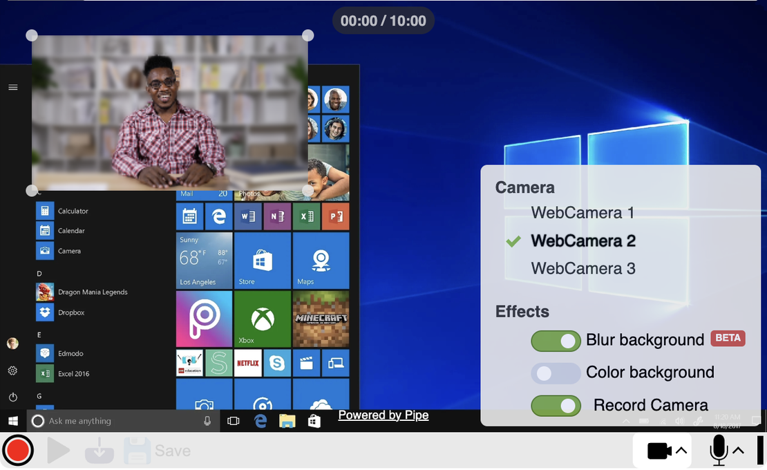 A man is recording his computer screen and himself at the same time, using addpipe's recording client, while his video device selector menu is open, displaying all the available video devices and video effects available