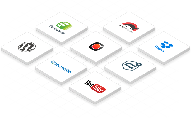 an illustration showing the logos of other software that Pipe can integrate with: Formstack, Ninja Forms, Dropbox, WordPress, Formsite, Gravity Forms & YouTube